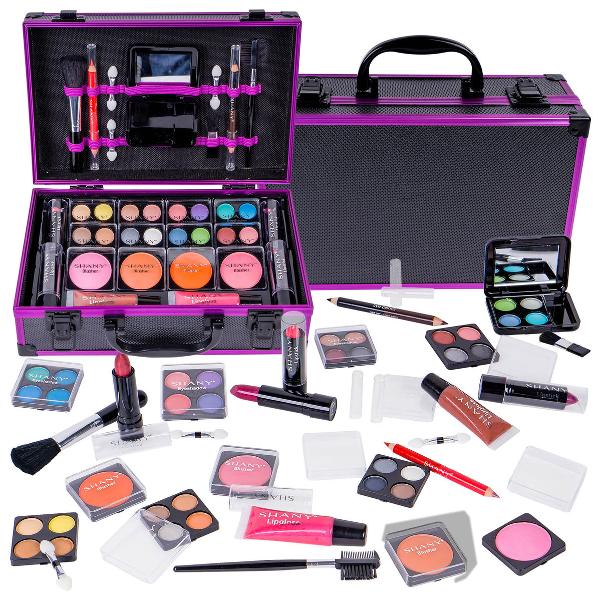 SHANY Carry All Make up Train Case with Pro Makeup Set , Beauty Brushes, Lipsticks, Eye Shadows, Blushes, Powders, and more - Reusable Cosmetics Storage Organizer - Premium Gift Packaging - Purple - SHOP PURPLE - MAKEUP SETS - ITEM# SH-10402-PR