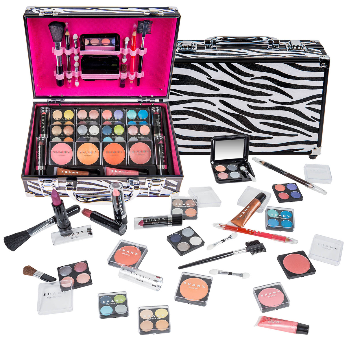 SHANY Carry All Make up Train Case with Pro Makeup Set , Beauty Brushes, Lipsticks, Eye Shadows, Blushes, Powders, and more - Reusable Cosmetics Storage Organizer - Premium Gift Packaging - Zebra - SHOP ZEBRA - MAKEUP SETS - ITEM# SH-10402-ZB