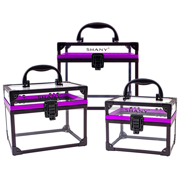 SHANY Clear Cosmetics and Toiletry Train Case - Clear Travel Makeup Bag Case Organizer with Secure Closure and Black/Purple Accents - SHOP - MAKEUP TRAIN CASES - ITEM# SH-CC0080-PARENT