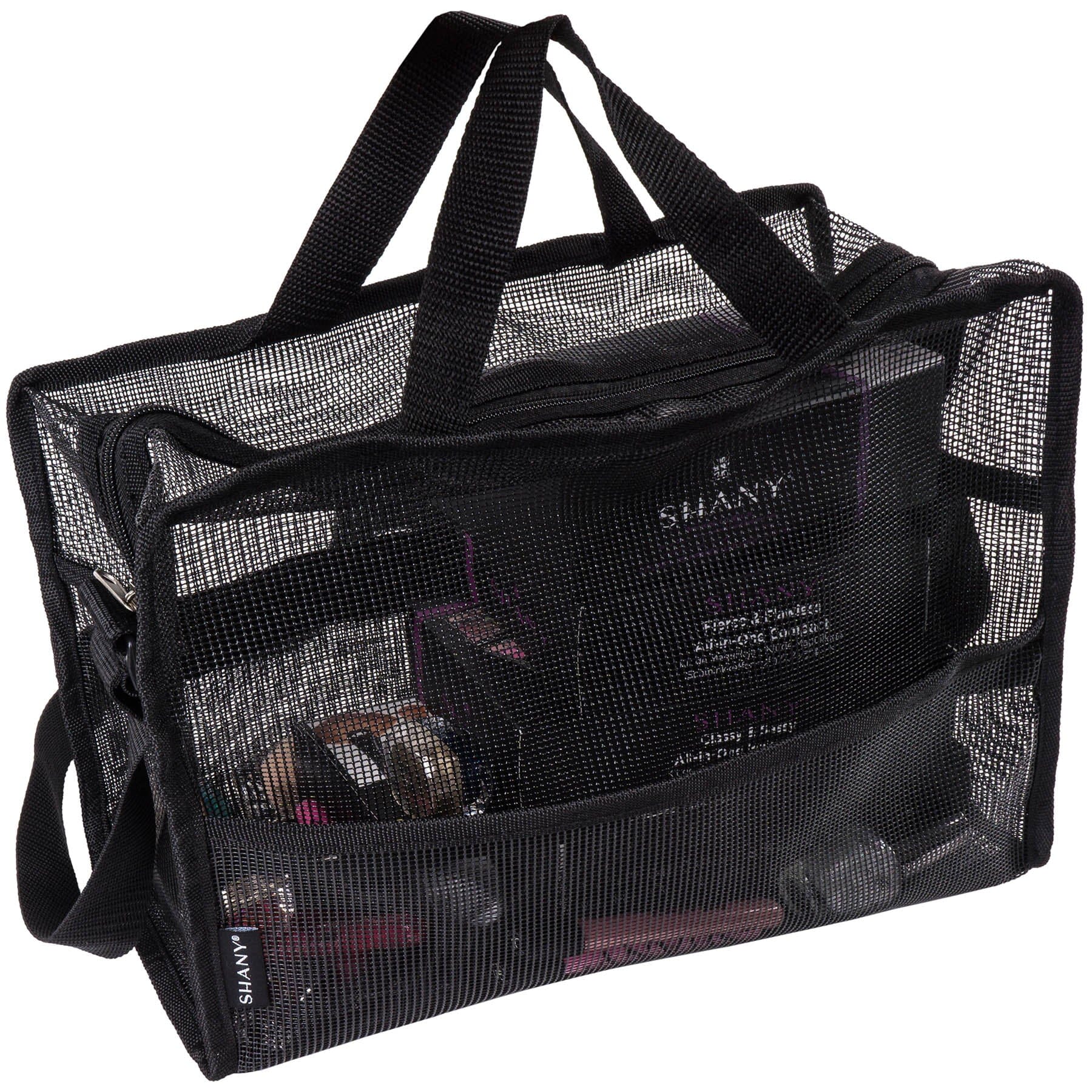 black nylon travel tote bag SHANY Collapsible Mesh Bag Large See-Thru Travel Tote with Shoulder Straps Water-Resistant with Zippered Pockets Black
