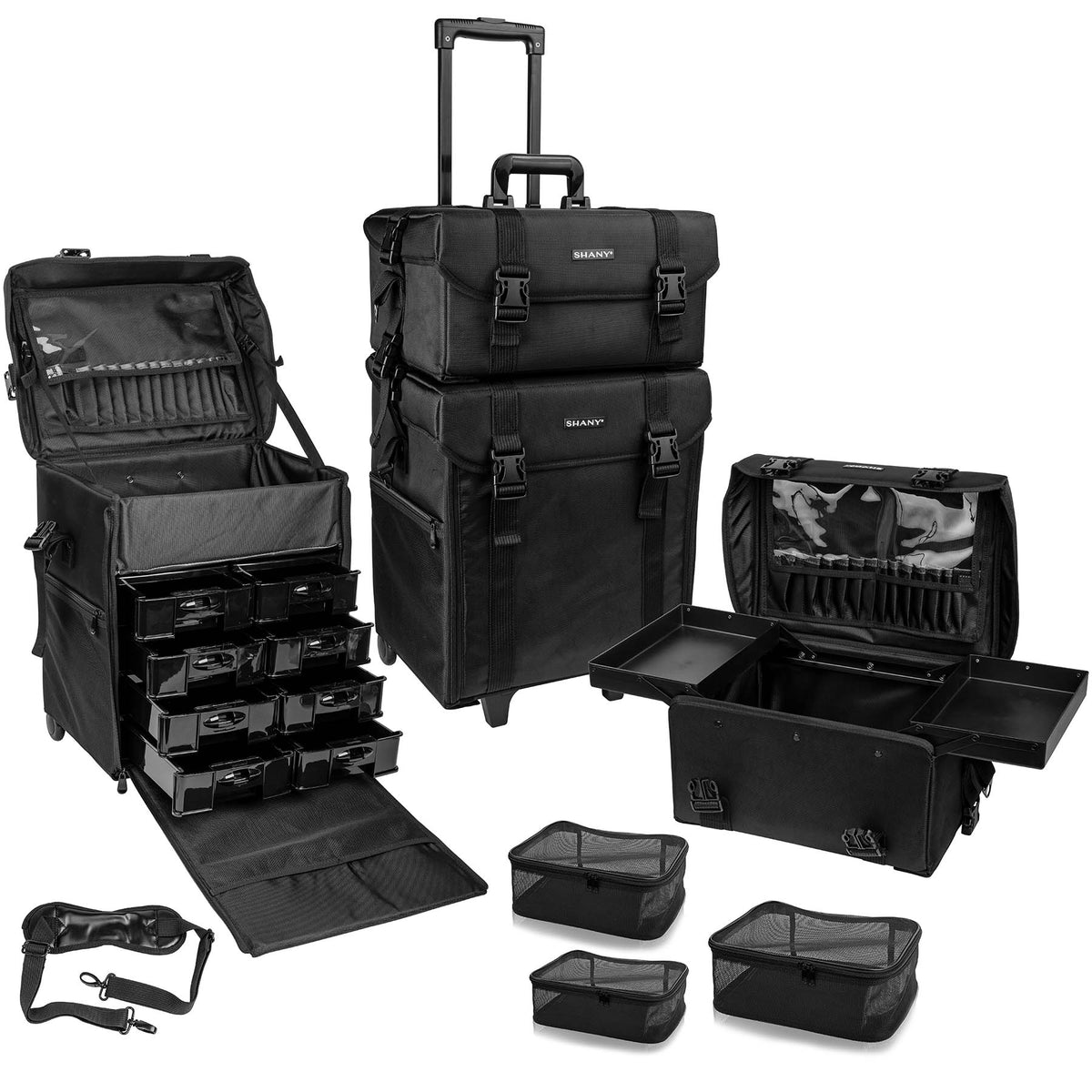 SHANY Makeup Artist Soft Rolling Trolley Cosmetics Case Make up Travel Bag With Beauty Organizer Drawer Bins, TSA Mesh Bag Organizers - Jet Black - SHOP JET BLACK - ROLLING MAKEUP CASES - ITEM# SH-P50-BK