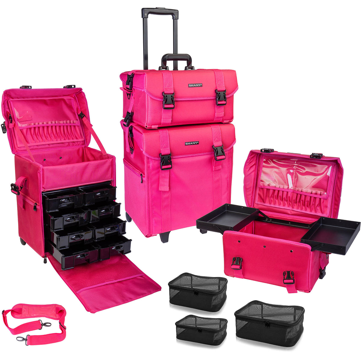 SHANY Makeup Artist Soft Rolling Trolley Cosmetics Case Make up Travel Bag With Beauty Organizer Drawer Bins, TSA Mesh Bag Organizers - Summer Orchid - SHOP SUMMER ORCHID - ROLLING MAKEUP CASES - ITEM# SH-P50-PK