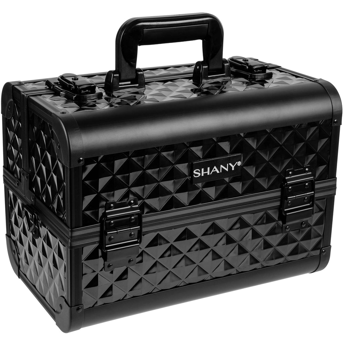 SHANY Premier Fantasy Professional Makeup Train Case Cosmetic Box Portable Make up Case Organizer Jewelry storage with Locks, 3 Trays , Makeup Brush Holder and Cosmetics Mirror - Black Diamond - SHOP BLACK - MAKEUP TRAIN CASES - ITEM# SH-C20-BK