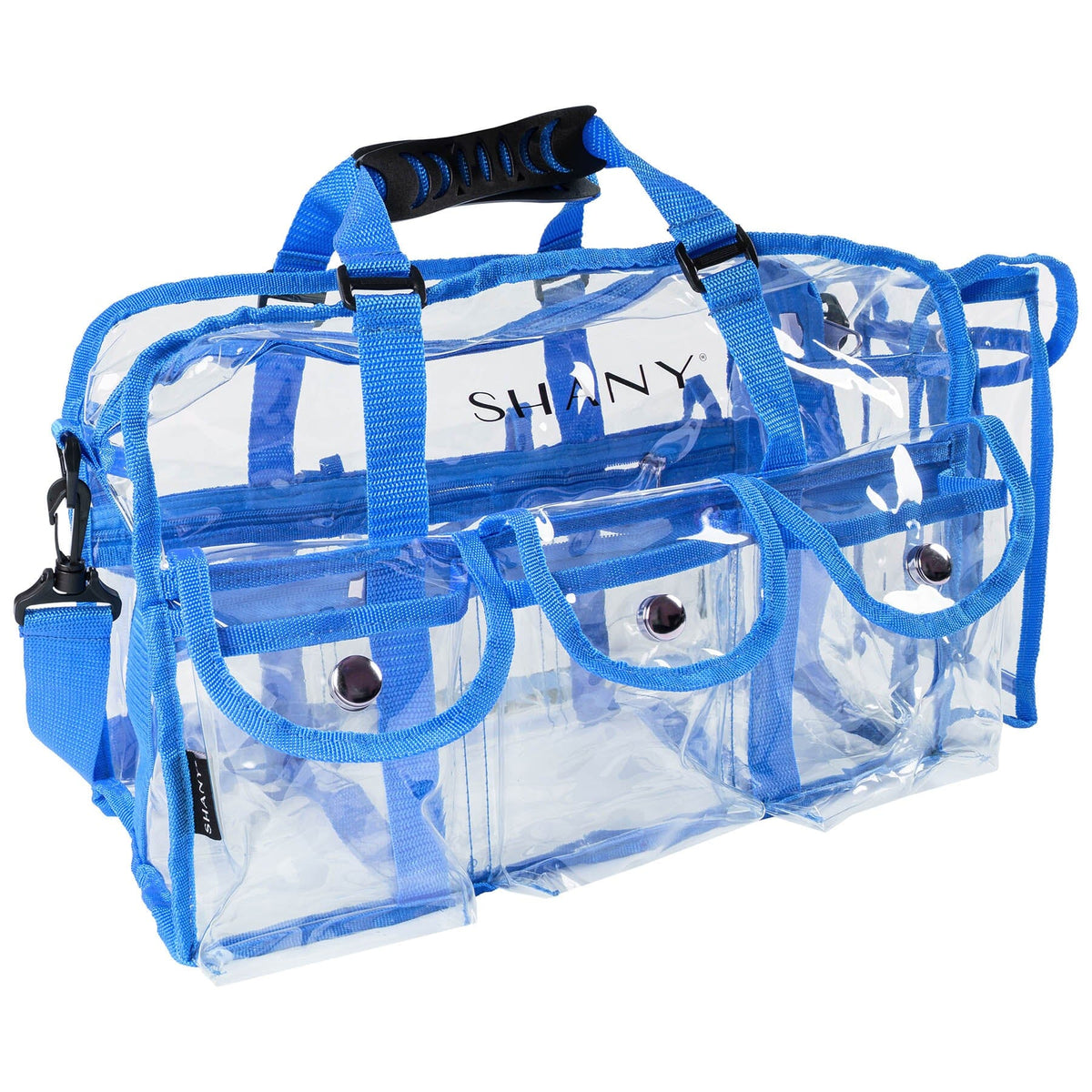 SHANY Clear PVC Makeup Bag - Large Professional Makeup Artist Rectangular Tote with Shoulder Strap and 5 External Pockets - BLUE - SHOP BLUE - TRAVEL BAGS - ITEM# SH-PC01BL