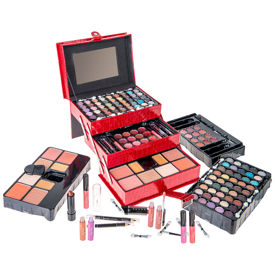 SHANY All In One Makeup Set, 67 Colors Eyeshadow, Blushes, Face Powder, Lipstick , Eye liners, Make up Pencils and Cosmetics Mirror - Makeup Kit With Reusable Beauty Organizer Train Case  - Red - SHOP RED - MAKEUP SETS - ITEM# SH-2012