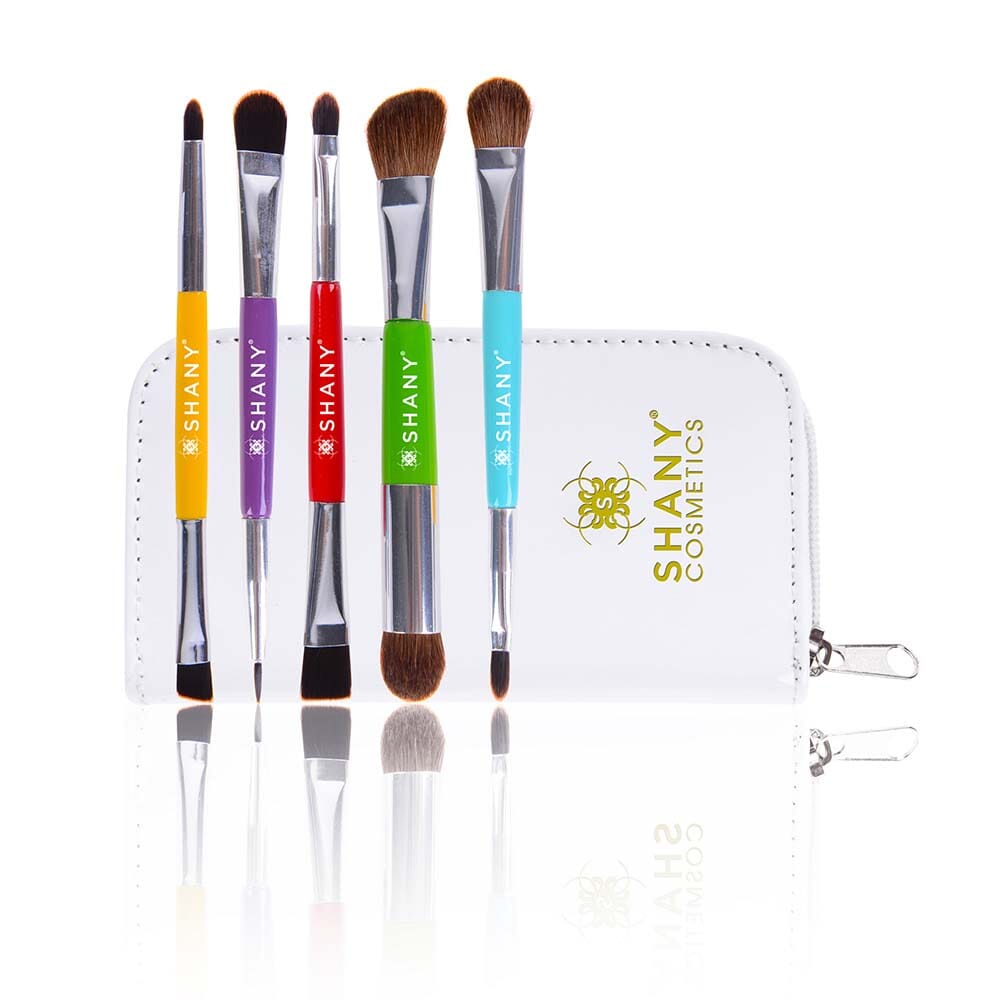 SHANY Makeup Brushes THE DOUBLE TROUBLE - 5 PC Double Sided Essential Makeup Brush Set with Travel Pouch - Travel Size Make up Brush Set - SHOP  - BRUSH SETS - ITEM# SH-BR003