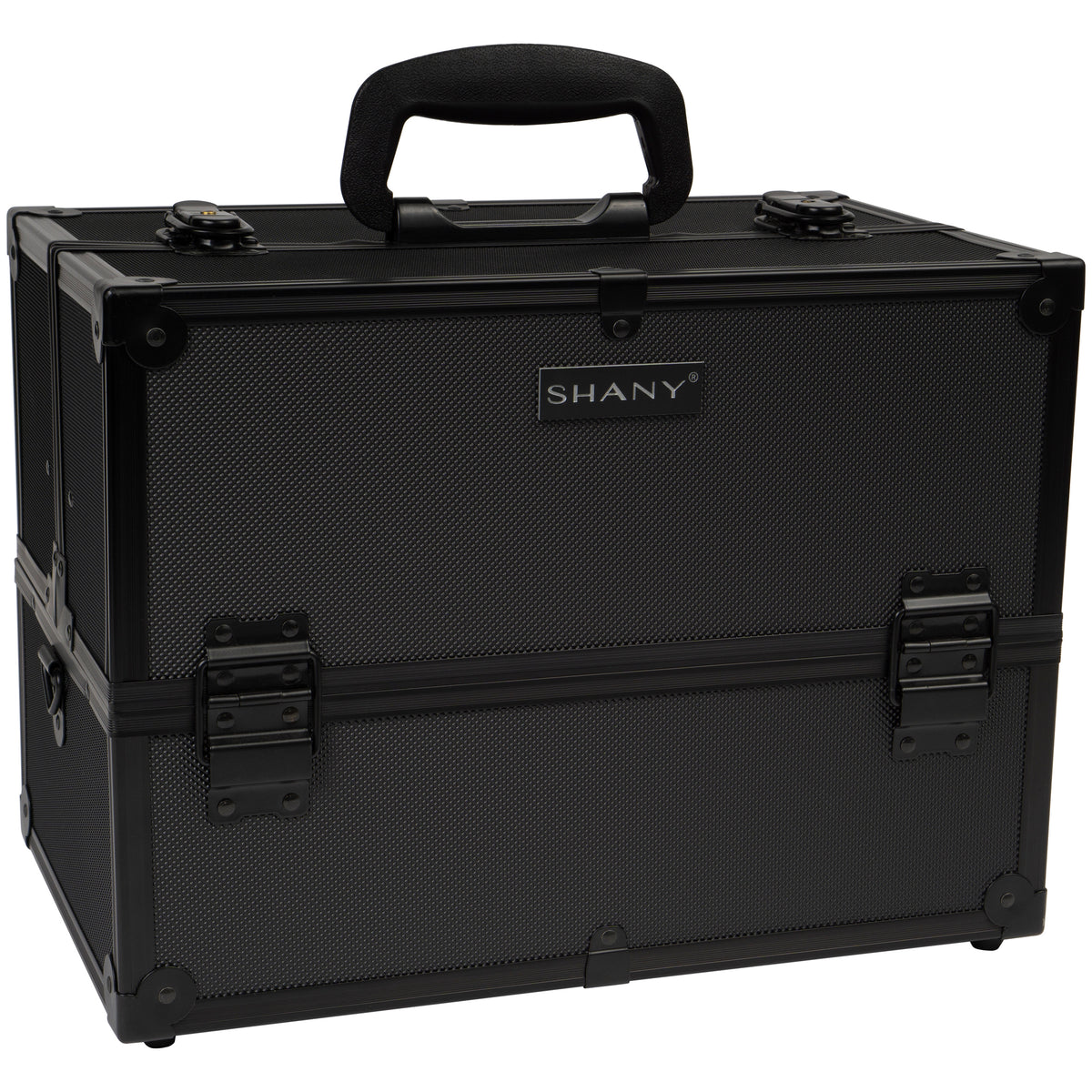 SHANY Essential Pro Makeup Train Case Cosmetic Box Portable Makeup Case Cosmetics Beauty Organizer Jewelry storage with Locks , Multi Compartments Makeup Box and Shoulder Strap - Onyx Black - SHOP ONYX BLACK - MAKEUP TRAIN CASES - ITEM# SH-C005-ONX