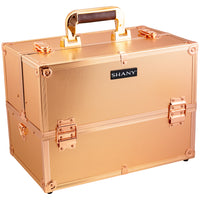 SHANY Essential Pro Makeup Train Case Cosmetic Box Portable Makeup Case Cosmetics Beauty Organizer Jewelry storage with Locks , Multi Compartments Makeup Box and Shoulder Strap - Rose Gold - SHOP ROSE GOLD - MAKEUP TRAIN CASES - ITEM# SH-C005-RG