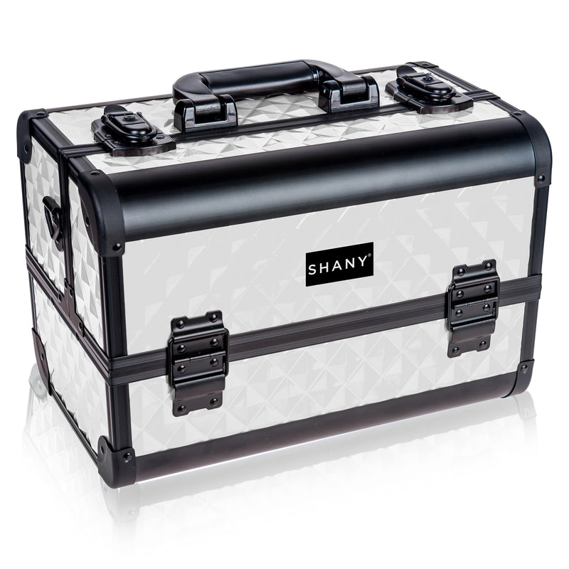 SHANY Premier Fantasy Professional Makeup Train Case Cosmetic Box Portable Makeup Case Organizer Jewelry storage with Locks , 3 Trays , Makeup Brush Holder and Cosmetics Mirror - Pure White - SHOP PURE WHITE - MAKEUP TRAIN CASES - ITEM# SH-C20-PWH