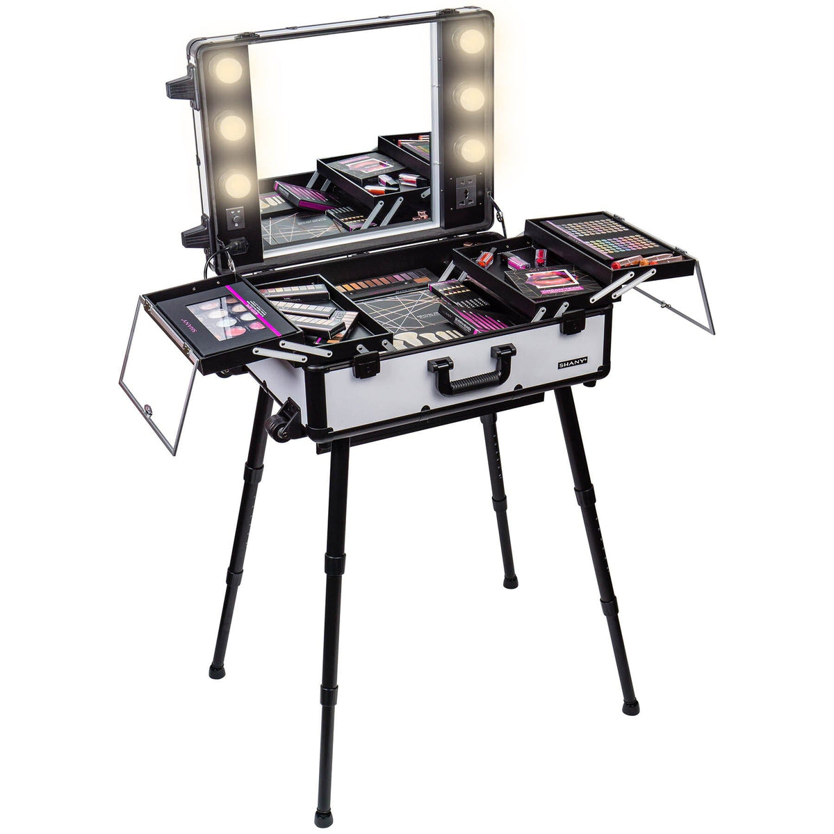 SHANY Studio ToGo Wheeled Trolley Makeup Case Off White - OFF-WHITE - ITEM# SH-CC0023-WH - Rolling cosmetics cases Makeup Case with wheels,Cosmetics trolley makeup artist case storage bag,Seya just case aluminum makeup case display set,professional makeup organizer gift idea Makeup bag,portable makeup carry on cosmetics organizer light - UPC# 723175178380