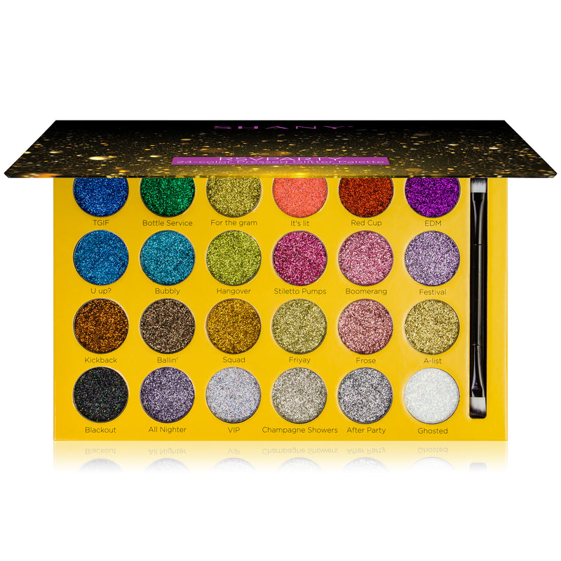 SHANY RSVParty Makeup Glitter Eyeshadow Palette - 24 Long-Lasting Pressed Glitter Pigments for Face and Body - Ultra Pigmented Glitter Makeup set with a Makeup Brush. Full Size Eyeshadow Pan. RSV PARTY - SHOP RSVPARTY - MAKEUP SETS - ITEM# SH-GLITTER-B