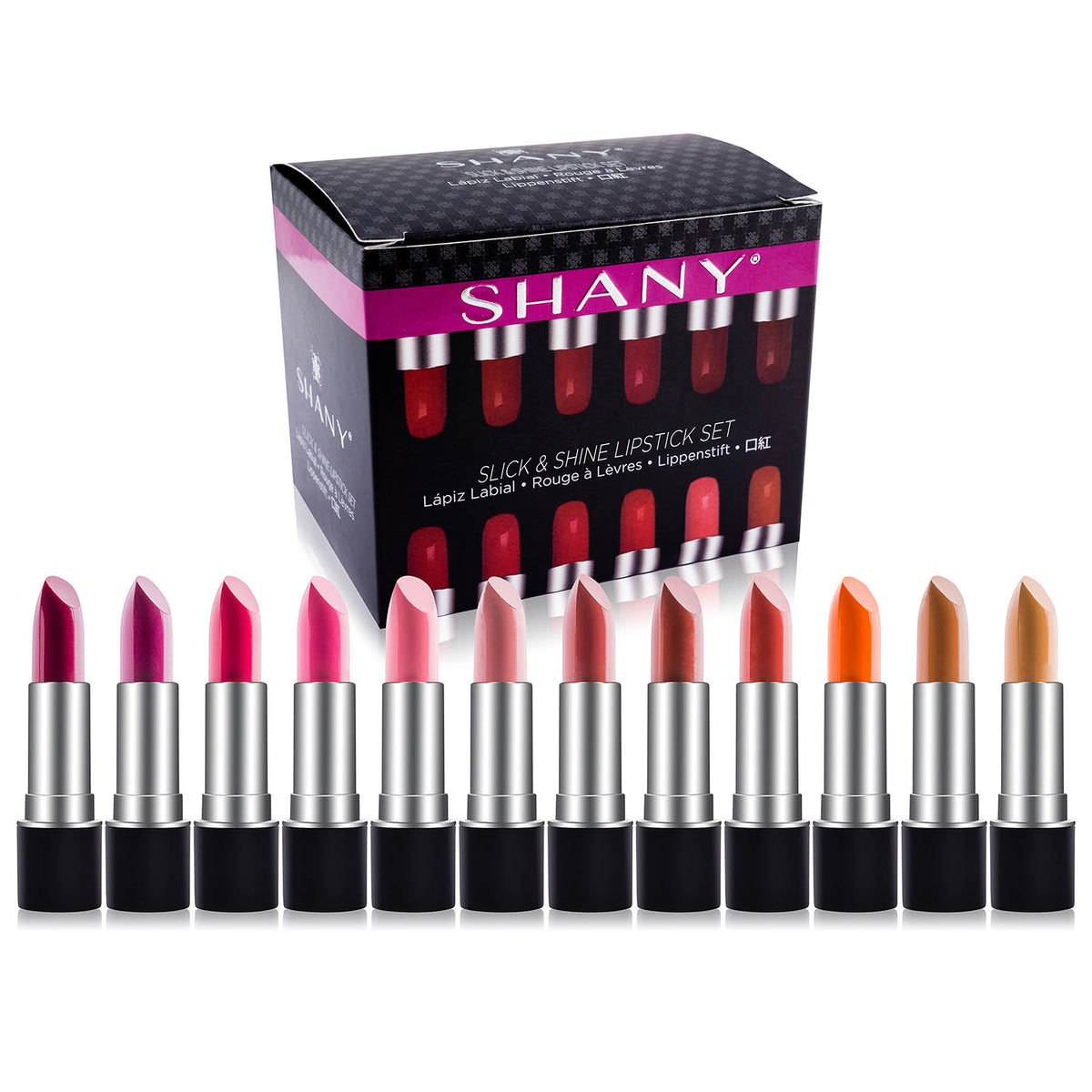 SHANY Slick and Shine Multi Colored Lipstick Set 12 Matte Lip Colors Long Lasting Hydrating Lip shades with Vitamin E and Aloe Vera in Premium Gift Box Packaging for Smooth Creamy Lip Color and Everyday Makeup Use - SHOP MATTE - LIPSTICKS - ITEM# SH-LP0012-SET