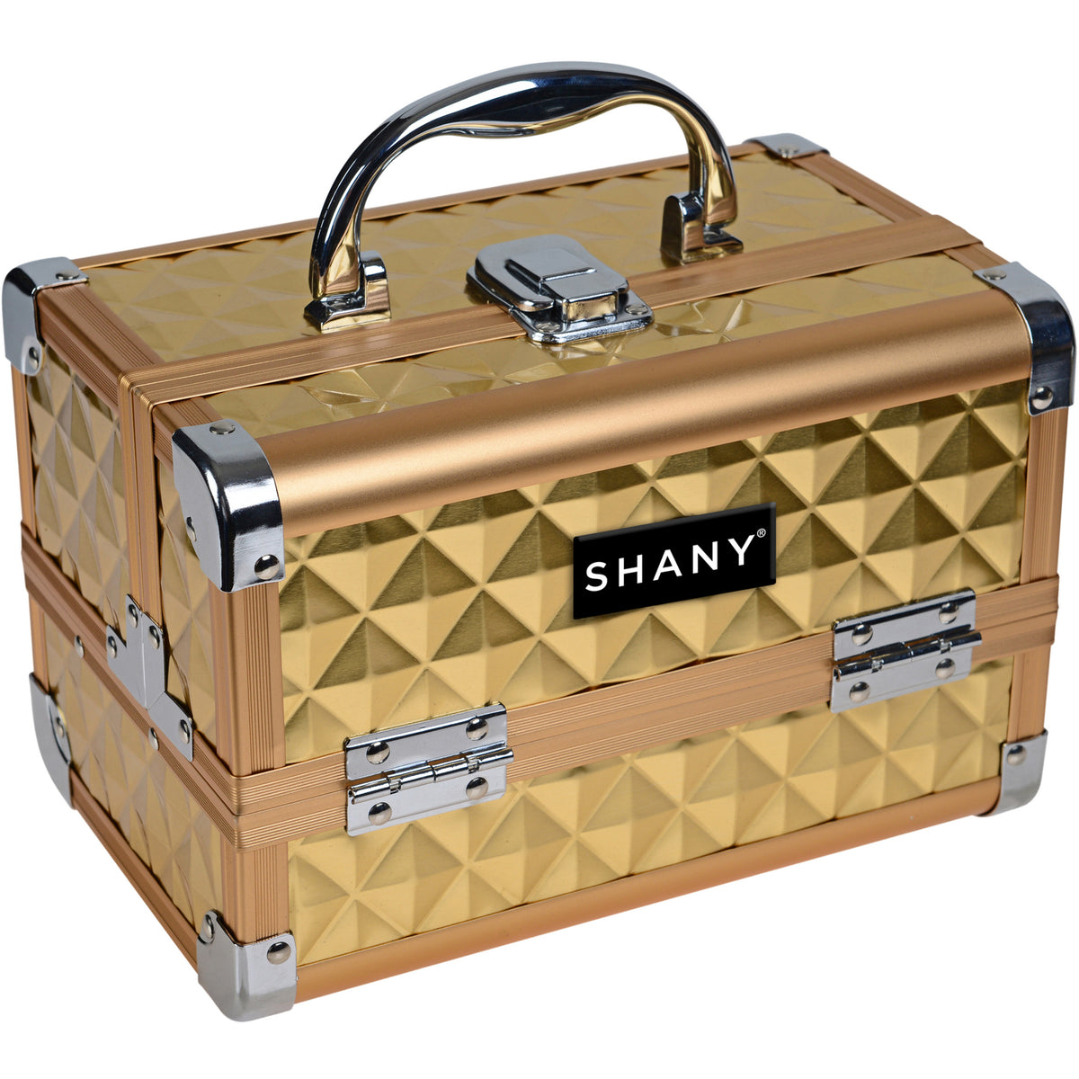 SHANY Makeup Train Case W/ Mirror - Golden House - GOLDEN HOUSE - ITEM# SH-M1001-GL - Makeup train cases bag organizer storage women kit,Professional large mini travel rolling toiletry,Joligrace ollieroo seya soho cosmetics holder box,Salon brush artist high quality water resistant,Portable carry trolley lipstic luggage lock key - UPC# 723175178120