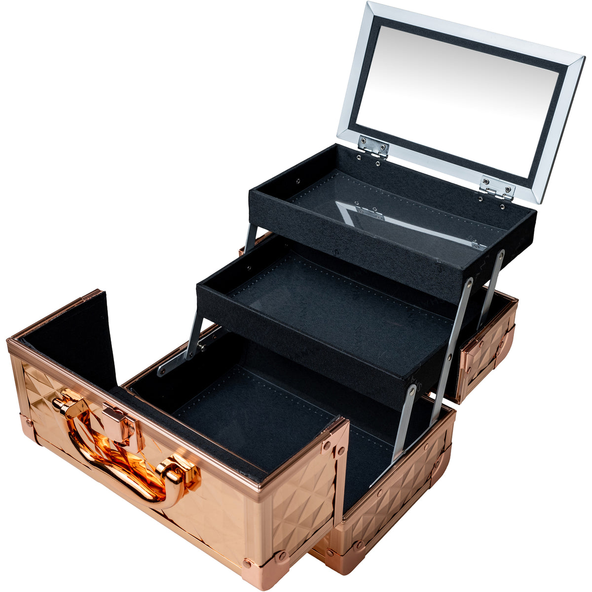 SHANY Makeup Train Case W/ Mirror -  Rose Gold - ROSE GOLD - ITEM# SH-M1001-RG - Makeup train cases bag organizer storage women kit,Professional large mini travel rolling toiletry,Joligrace ollieroo seya soho cosmetics holder box,Salon brush artist high quality water resistant,Portable carry trolley lipstic luggage lock key - UPC# 810028463707