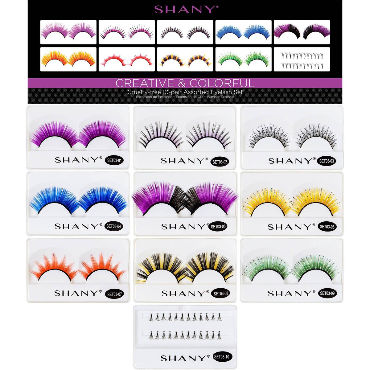 SHANY Eyelash extend - set of 10 assorted reusable eyelashes - Color Frenzy - SHOP MULTI-COLORED - BROWS & LASHES - ITEM# SH-LASH03